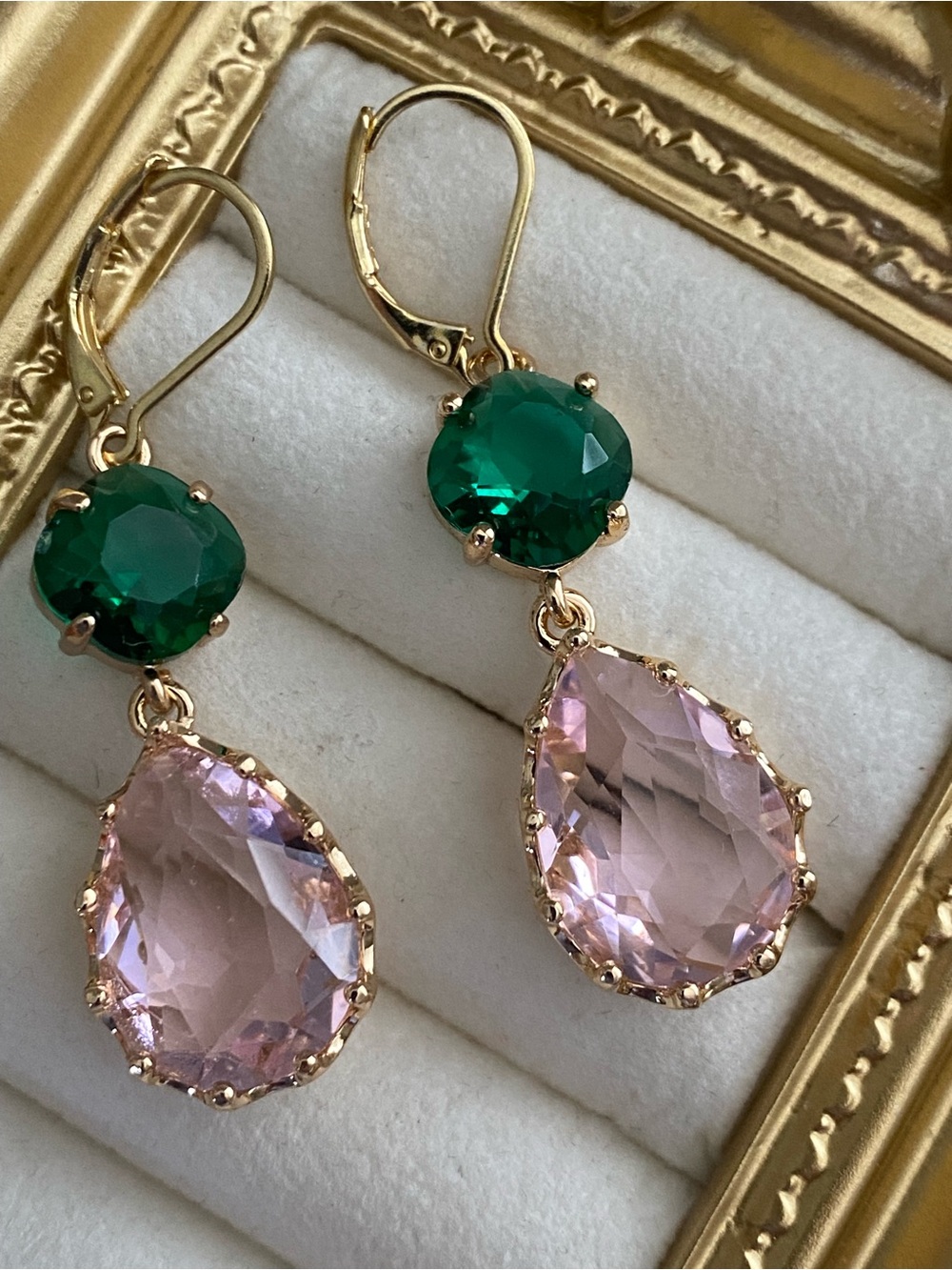 Gold-Plated Green and Pink Teardrop Drop Earrings